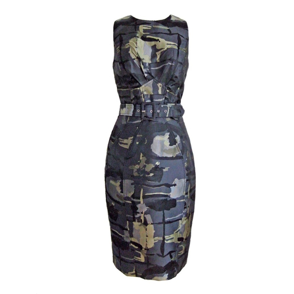 MATIS GREEN PRINT SLEEVELESS MIDI SHIFT WIGGLE DRESS SIZE SMALL